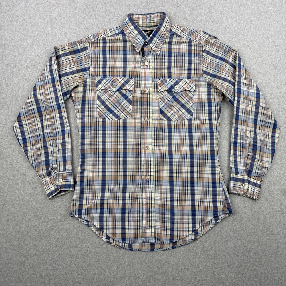 Vintage Levis Shirt Mens Medium Blue Plaid 70s Tapered‎ Western Long Sleeve